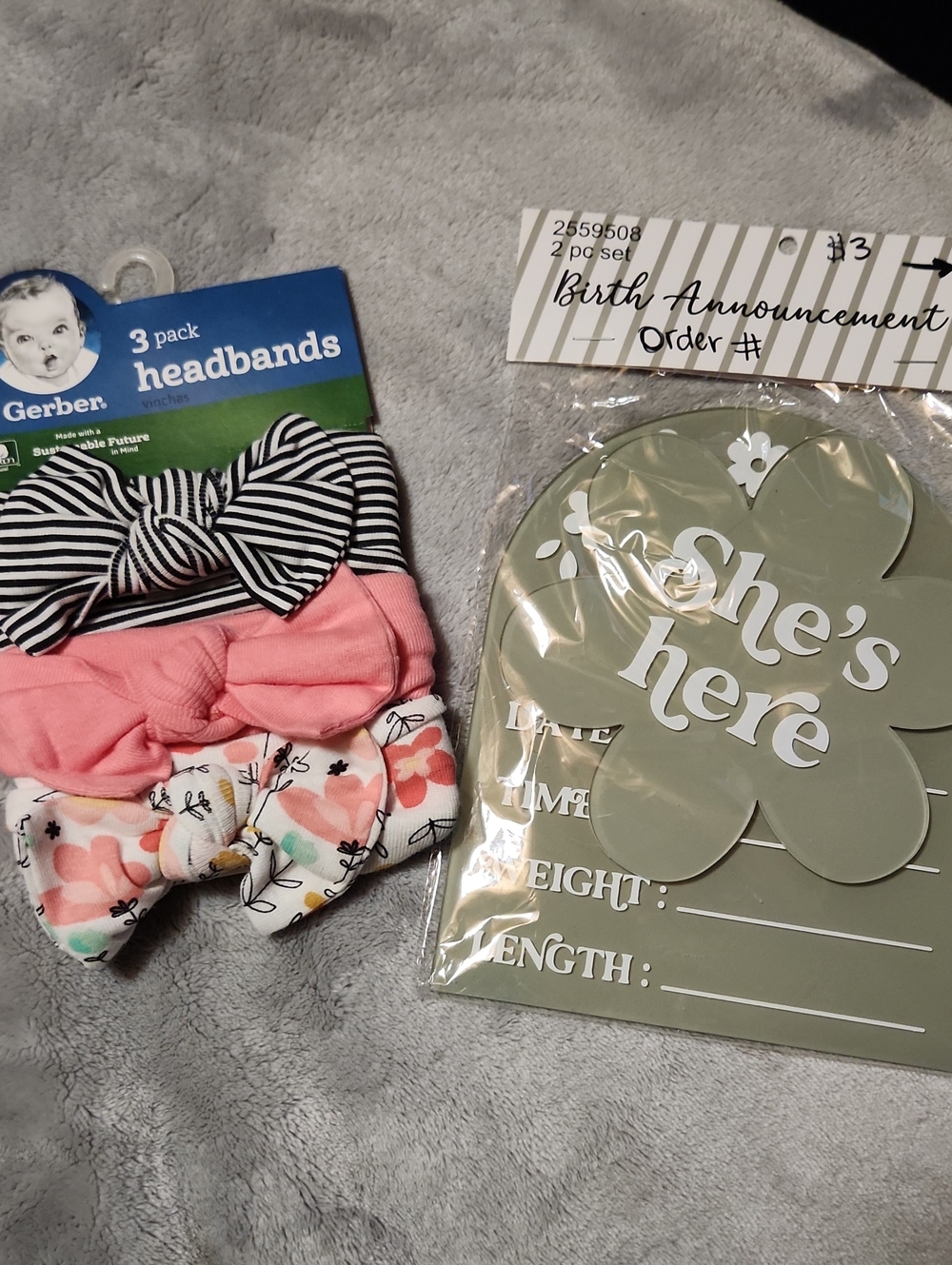 Gerber Baby Girls 3-Pack Headbands - Pink, Black & Floral And Birth Announcement